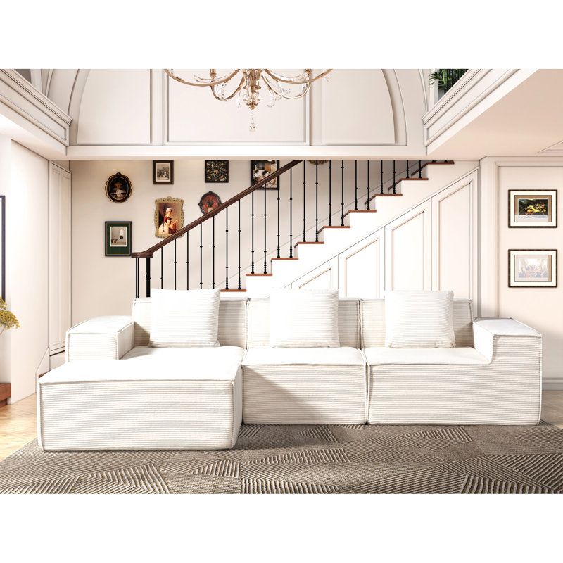 Canapé d'angle en velours côtelé jaune gingembre avec 3 coussins, montage facile, assise confortable comme un nuage, multifonctionnel et modulable, assemblage rapide, agencement spacieux.