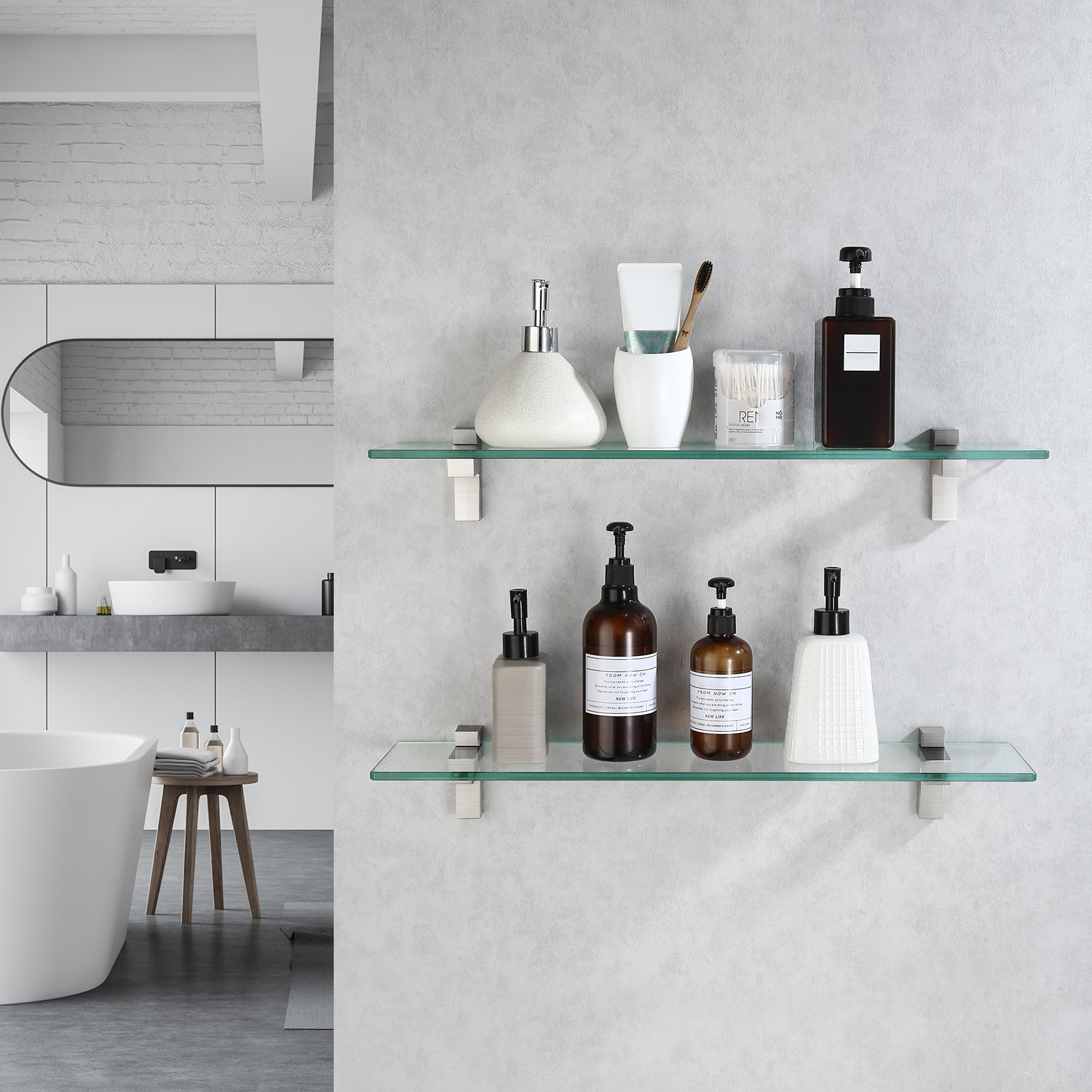 Wrought Studio™ Keyshia Aluminum Bathroom Glass Shelf Tempered Glass Rectangular Extra Wall Mount (Set of 2) & Reviews | Wayfair