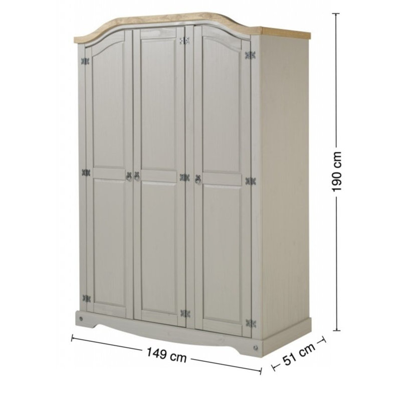 Palmea 3 Door Solid Wood Wardrobe, Grey