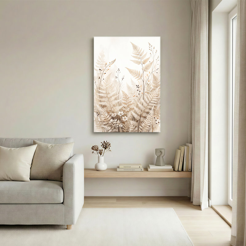 Art mural sur toile de style crème fougères et fleurs sauvages blanches, H 36 po x l 24 po