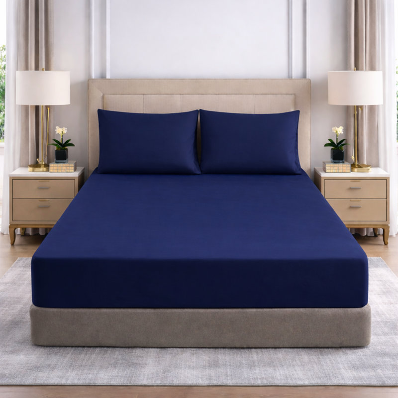 25cm Deep Pocket Fitted Sheet - Soft Microfiber Elasticated Bed Sheet Bottom, Single (3'), Navy