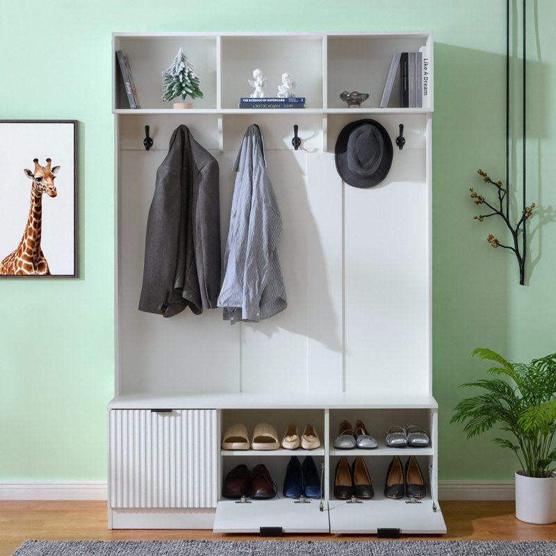 49.6” 5-in-1 Hall Tree with Bench – Farmhouse Entryway Storage Cabinet with High Gloss Fluted Doors, Shoe Storage & 3 Open Shelves – White, 6 Black Hooks for Hats & Coats – Adjustable Shoe Cabinet Door, Easy Assembly