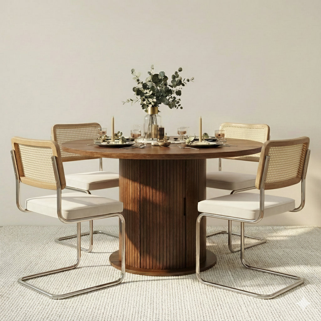 5-piece Round Pedestal Dining Set With Cane Back Cantilever Chairs