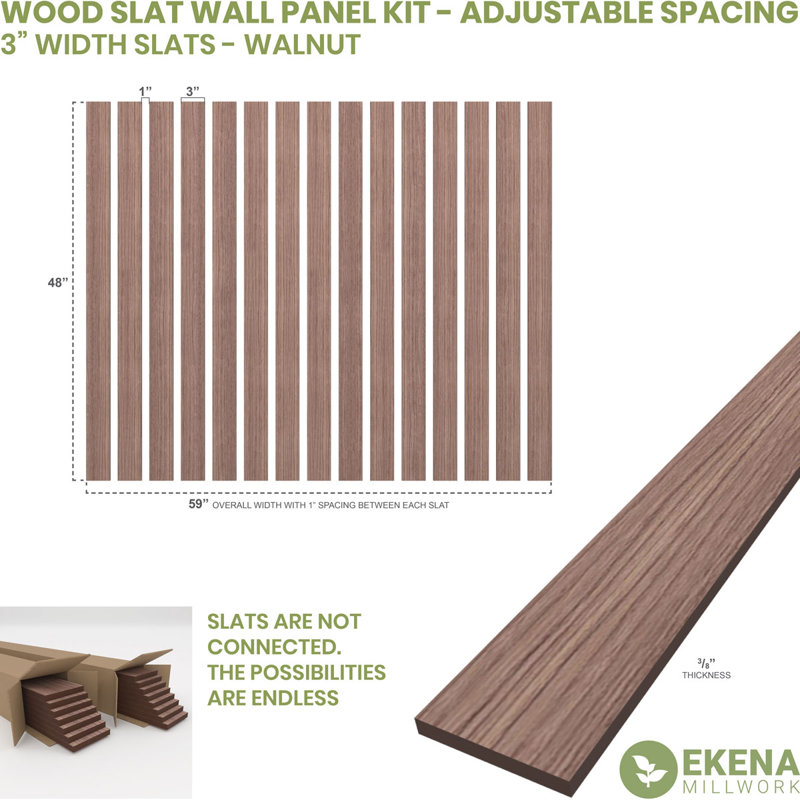 Adjustable Wood Slat Wall Panel Kit, 2"W x 94"H x 0.375"T, Walnut