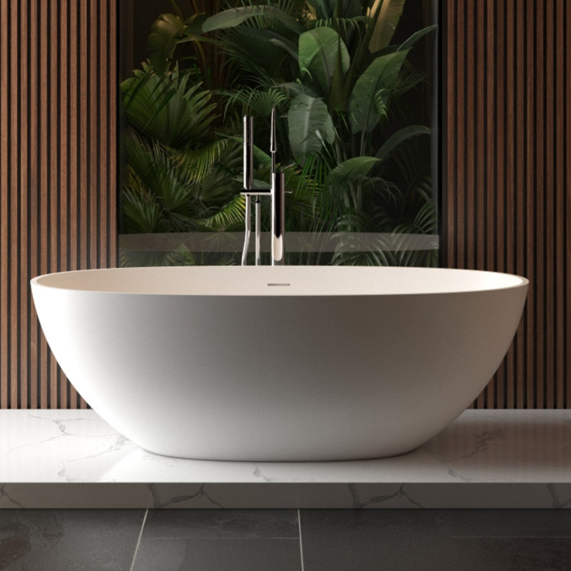 Luxueuse expérience de trempage dans une baignoire en pierre blanche matte - parfaite pour une détente de type spa