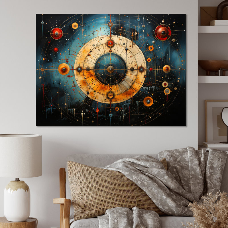 «Yellow Teal Astrology Celestial Alignment I», reproduction d'art sur toile encadrée, H 24 po x l 32 po x P 1 po