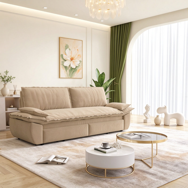 Canapé-lit escamotable 73,2 po en velours côtelé grand lit 3 en 1, Beige, Beige
