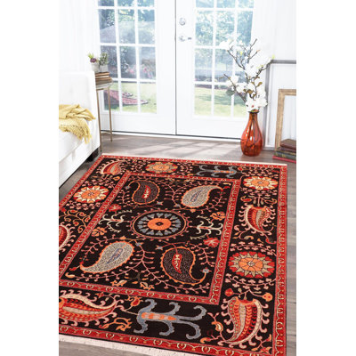 Tapis noir en laine noué à la main de style oriental Madeleyn