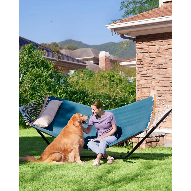 Upholstered outdoor hammock with separable bamboo poles, Blue/Beige