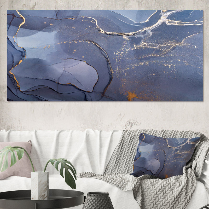Encre liquide grise et bleue, art I - peinture sur toile, H 28 po x l 60 po, Toile tendue