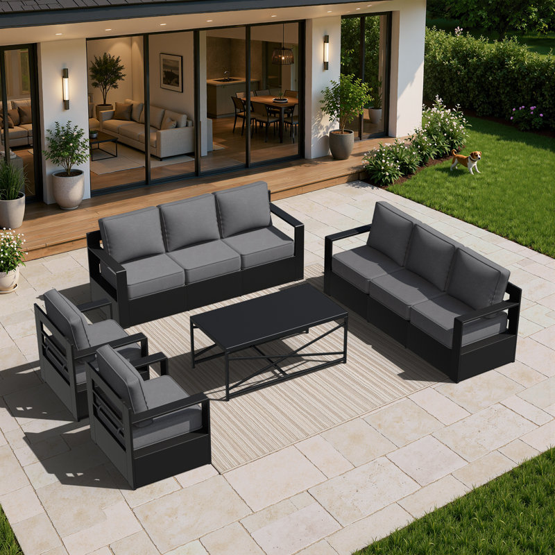 Ensemble de patio d'extérieur 5 pièces avec 2 canapés, 2 chaises et une table basse Abdullah, coussin gris, Gris