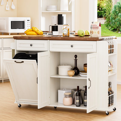 Îlot de cuisine avec rangement pour poubelle et abattant, chariot de cuisine roulant avec tiroirs, support à épices et porte-serviettes à 3 niveaux, table d'îlot sur roulettes pour la cuisine, la salle à manger