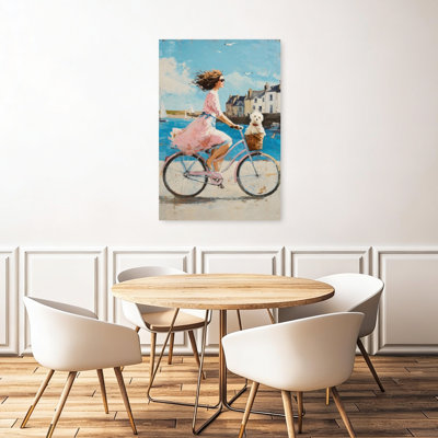 «Puppys Coastal Ride Contemporary Vibrant Seagull Dog Architecture Coastal», reproduction d'art mural