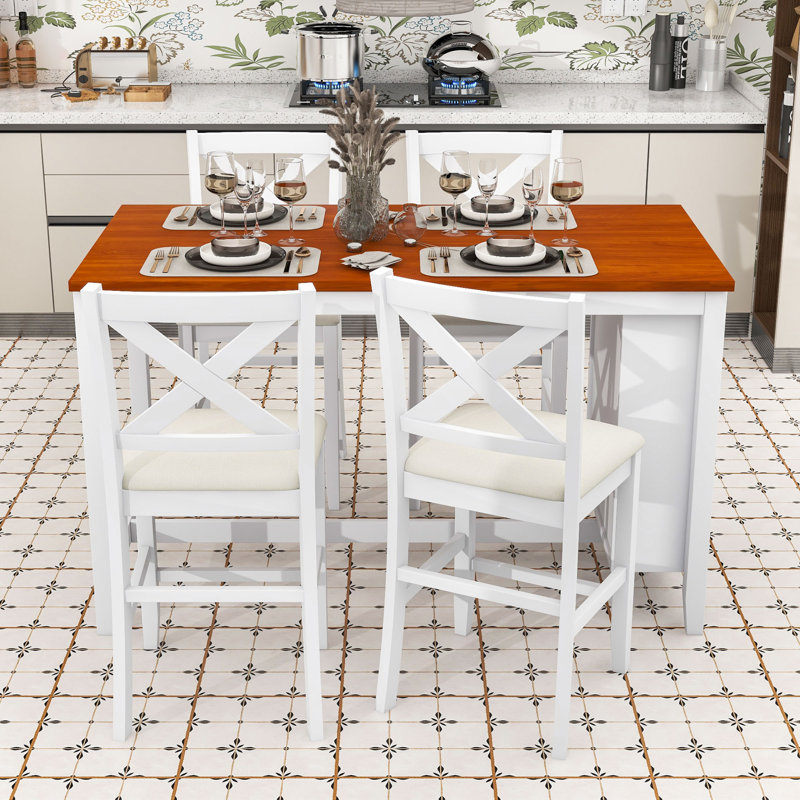 Ensemble de salle à manger à hauteur de comptoir 5 pièces Farmhouse avec table rectangulaire et 4 chaises rembourrées, Blanc