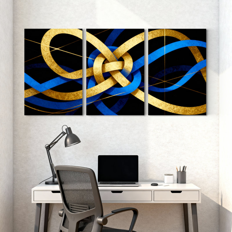 Ensemble de 3 reproductions d'art sur toile à motif de nœuds abstraits dorés bleus, H 30 po x l 60 po