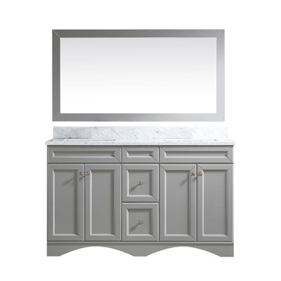 60 " W Freestanding Standard Free Standing Single Double Vanity Bathroom Vanity With Carrara Marble Top with Mirror