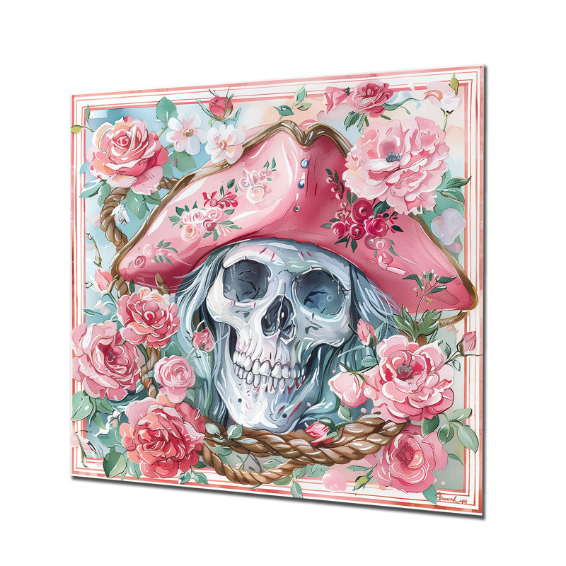 Reproduction d'art mural rose, vert et crâne de pirate III, Métal métal, 16" H x 16" W