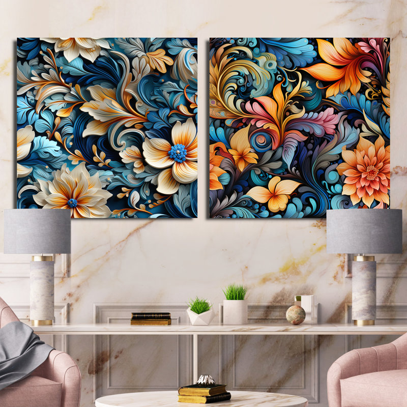 Griffith - Ensemble de 2 collages carrés botaniques abstraits, H 16 po x l 33 po, Toile tendue