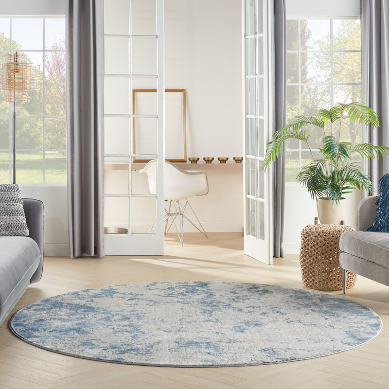 Tapis abstrait gris / bleu, Rond 5 pi 3 po