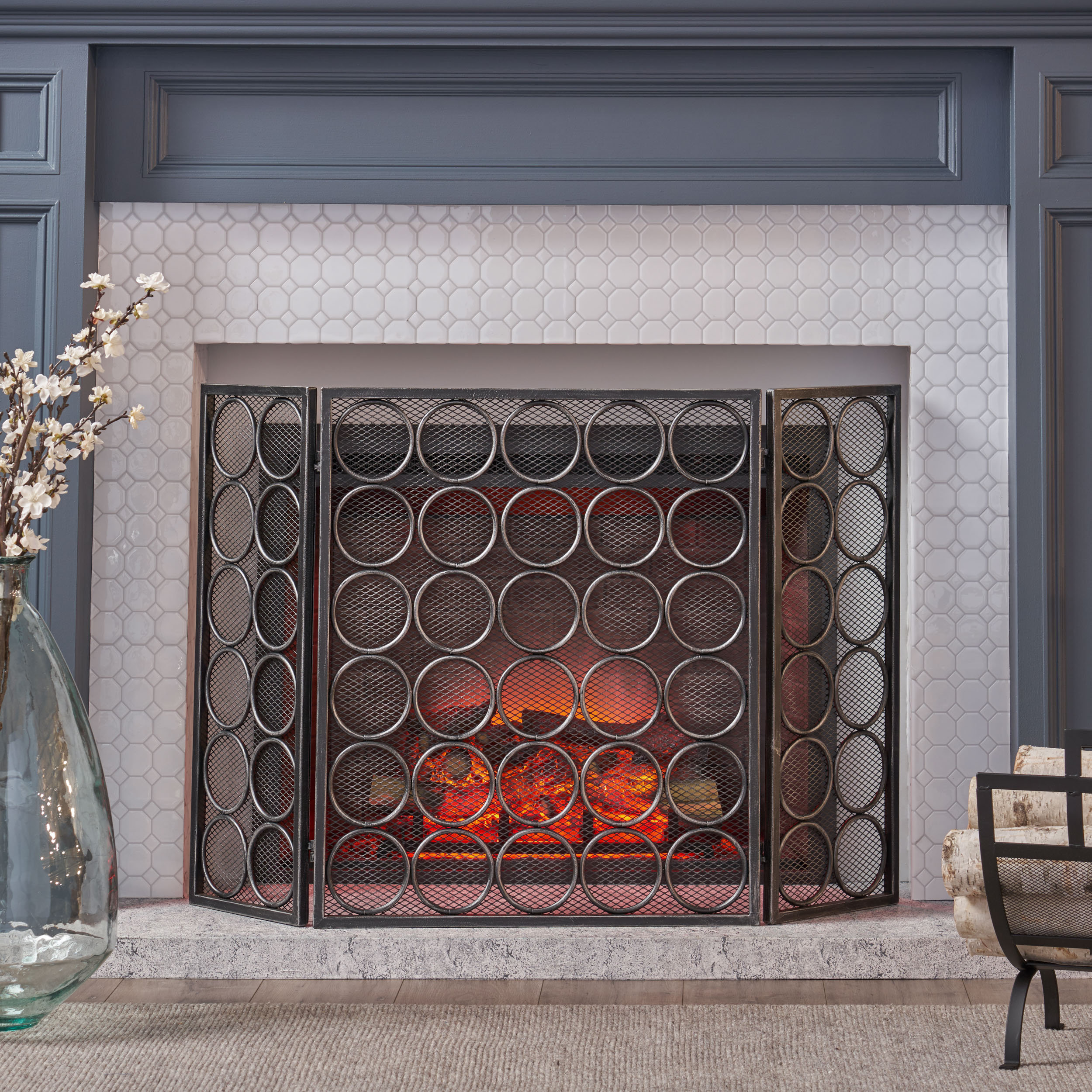 Latitude Run® 3-Panel Fireplace Screen, Modern Black Circle Pattern