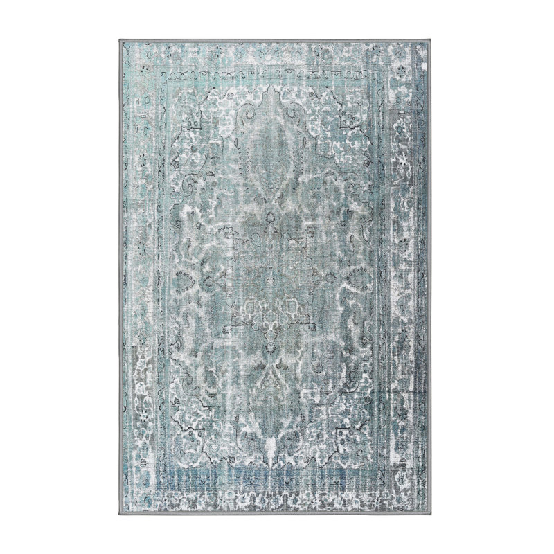 Tapis bleu ciel/gris traditionnel Malaptias, Rectangle 5 pi x 7 pi