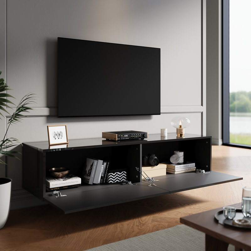 High Gloss UV panel Floating TV Cabinet, Wall & Floor Dual Use Soft Close Flip Door TV Stand, 30cm H x 140cm W x 40cm D