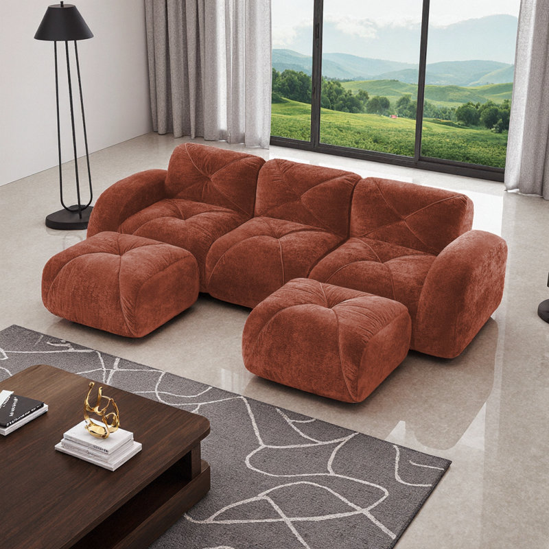 Canapé modulaire en U avec repose-pieds en velours | Canapé Cloud sans assemblage | Conception touffetée sans os, 3, Rouge