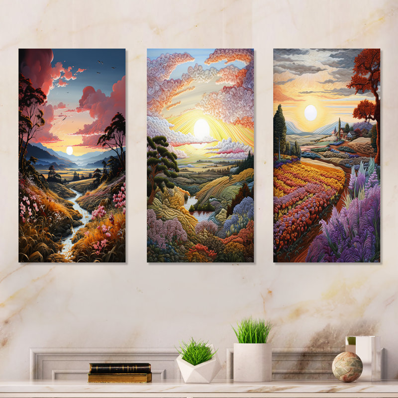 Lever de soleil campagne en Provence - ensemble d'art mural en métal campagne, H 28 po x l 36 po