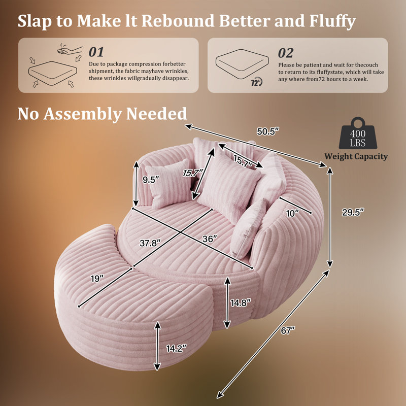 Corduroy Round Accent Chair with Crescent Ottoman and Pillows Boneless Chaise Lounge Chair, Pink