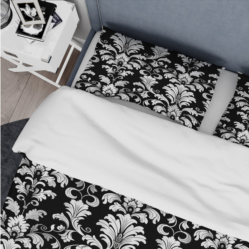 Ensemble de housse de couette transitionnel noir et blanc damassé Glamour III