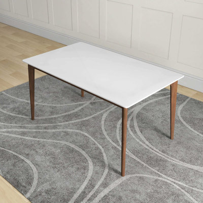 Lindsey Mid-Century Modern   Wood Dining Table With White Top And Walnut Legs, 59 Inches For Bedroom Hallway, Entryway