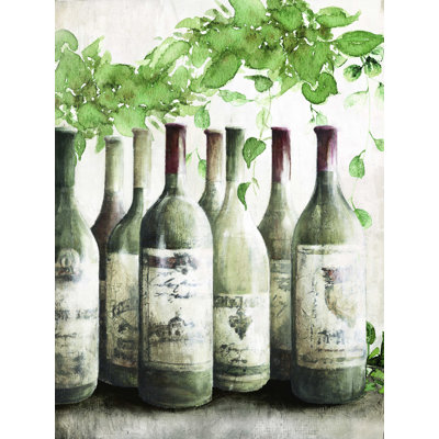 Bouteilles de vin avec vignes et verdure - impression sur toile tendue