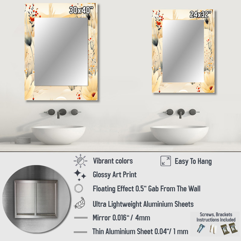 Budowski motif de fleurs de prairie beige - miroir floral, miroir mural décoratif floral, impression d'art en métal