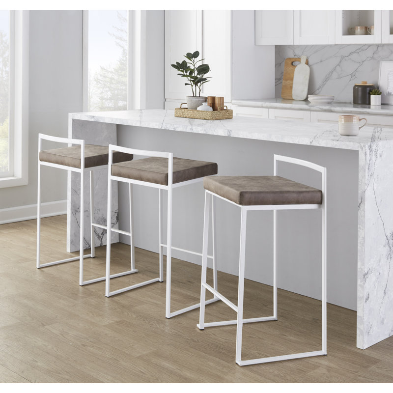 Ernestine Upholstered Stackable Bar & Counter Stool (Set of 3), Counter Stool (27" Seat Height), Cowboy Brown Polyester/White