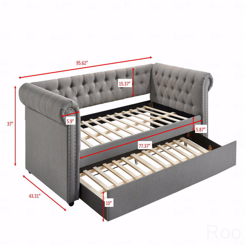 1Pc Modern Aesthetic Beautifully Button Tufted Nailhead Trim Design Daybed Built-In Pull-Out Trundle Bed Living Space Guest Room Bedroom Dove Gray