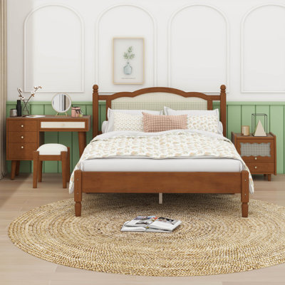 Ensemble de chambre à coucher 3 pièces avec cadre de lit en bois, 1 table de chevet rétro et 1 coiffeuse de maquillage avec tabouret Sicard
