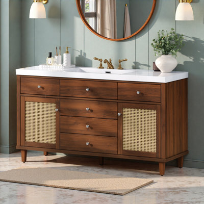 Meuble-lavabo de 60 po avec lavabo SMC, grande armoire de rangement moderne avec tiroirs à fermeture en douceur et portes en rotin