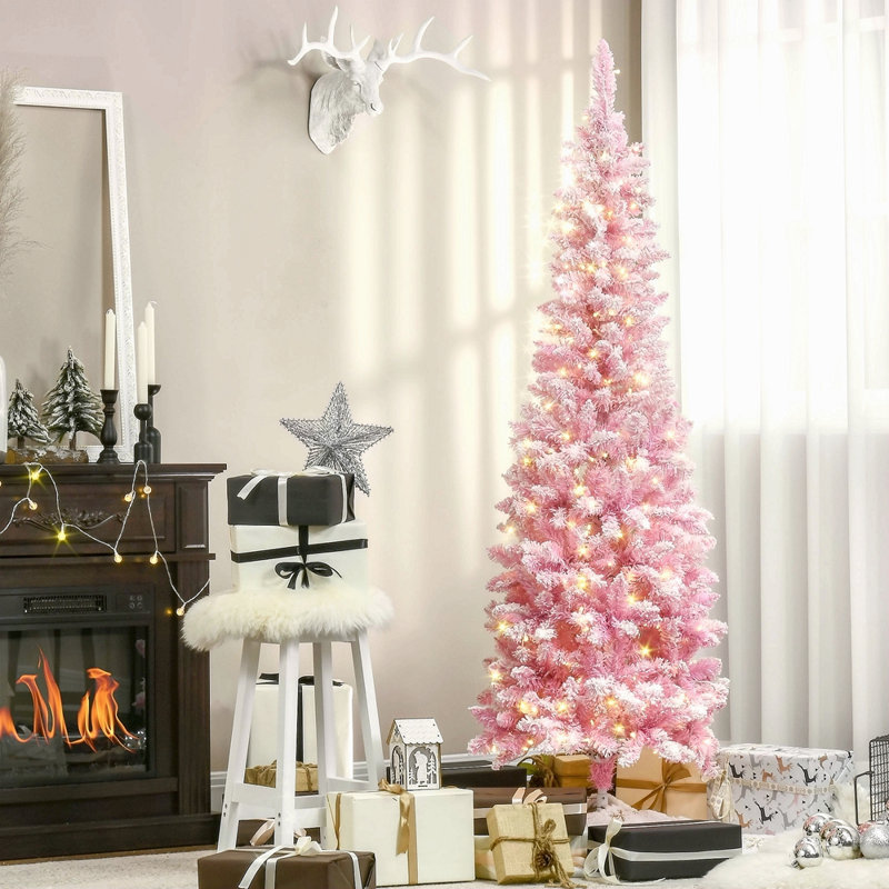 Arbre de Noël artificiel enneigé 6 pi avec forme de crayon, branches de pin réalistes, lumières DEL blanc chaud, ouverture automatique
