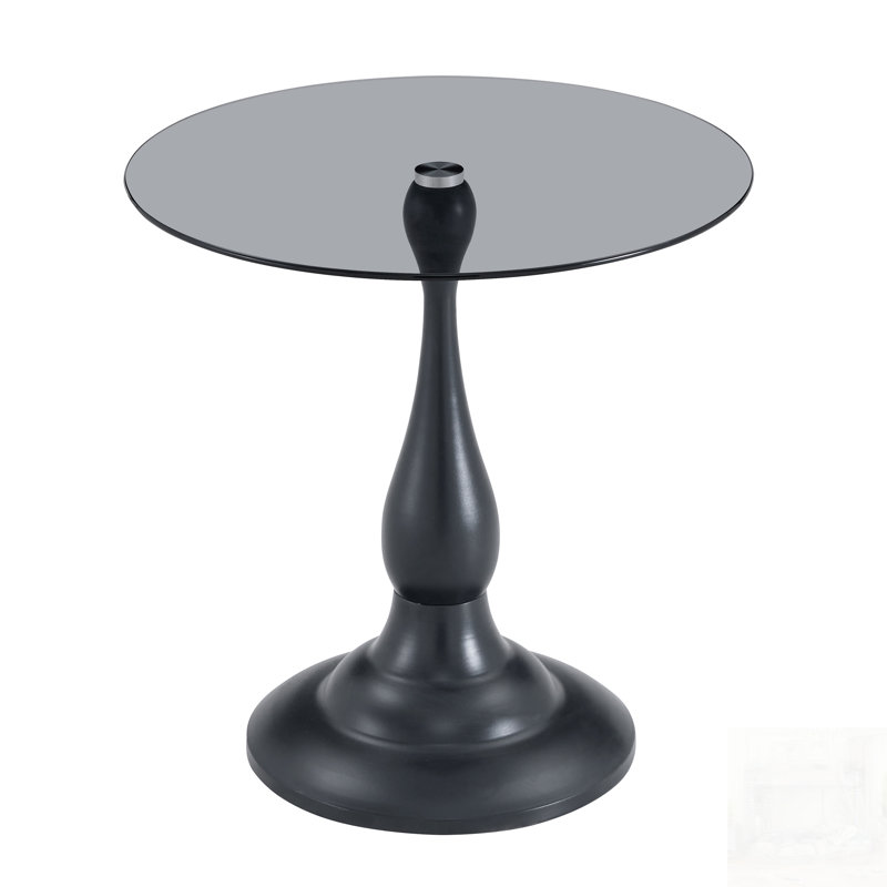 Petite table d'appoint en métal avec finition grain de bois et plateau en verre trempé, parfaite pour les salons et les chambres