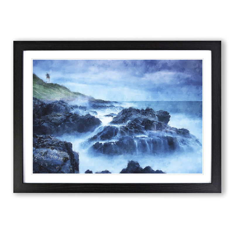 Lighthouse On A Hill With Seascape - Single Picture Frame Painting on MDF, 48cm H x 65cm W x 2cm D, Black Framed