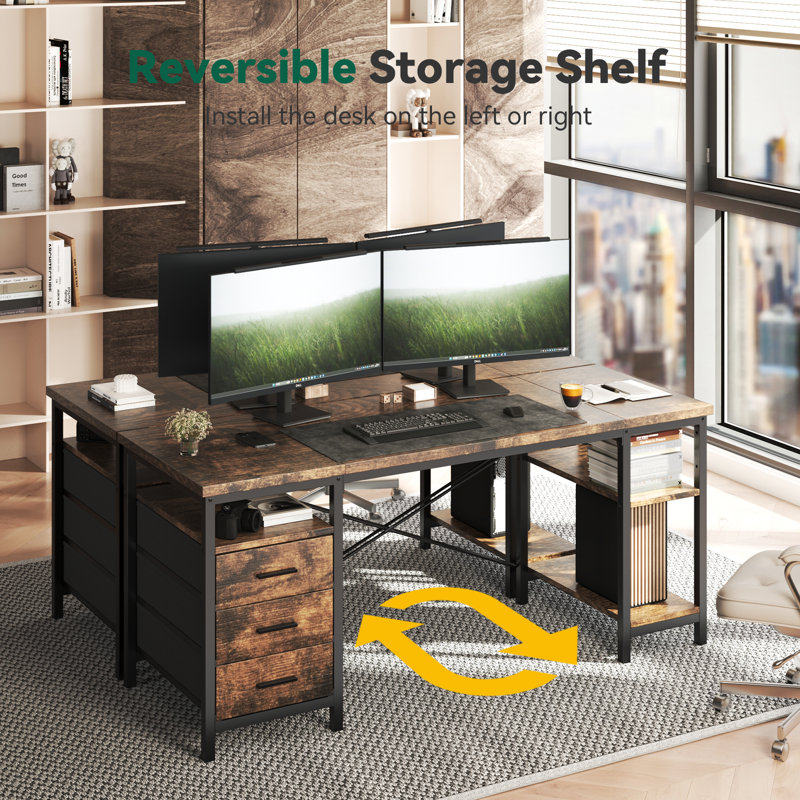 63" W Metal Base Computer Desk,Gaming Desk with 3 Fabric Drawers & Storage Shelves, Writing Work Study Desk for Home Office Bedroom, Modern Simple Student PC Desks Table