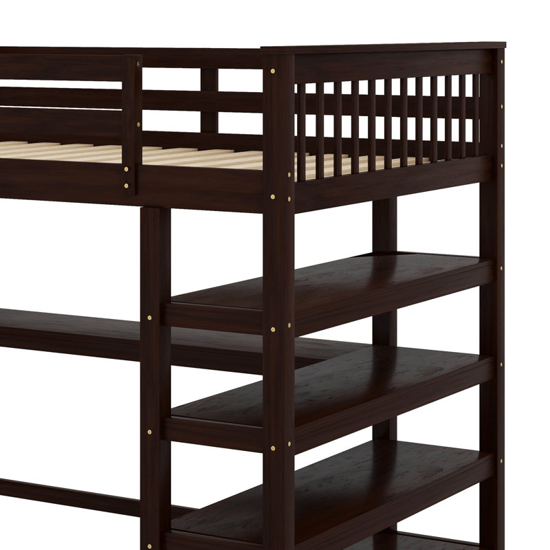 Lit mezzanine double avec tablettes et bureau, Espresso
