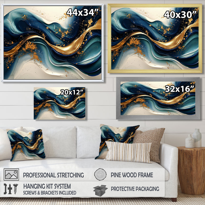 «Emerald Stone Fusion On Blue River IV - Abstract Modern Waves», art mural sur toile, Noir, H 28 po x l 60 po, Cadre flottant