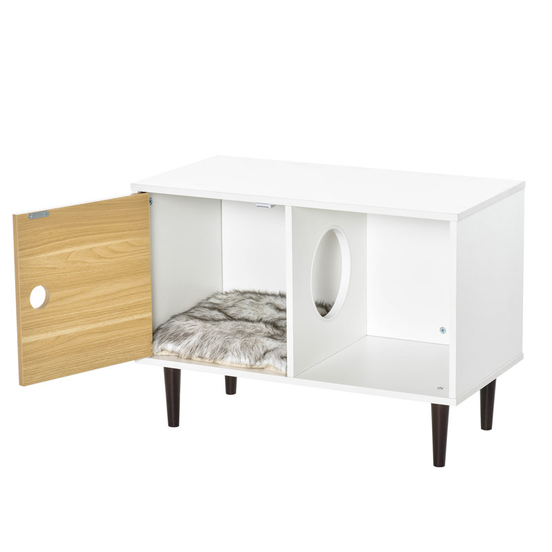 Chat en bois avec coussin amovible, animalerie surélevée pour la propreté, espace de rangement polyvalent pour abris blancs, chatons confortables, coussin