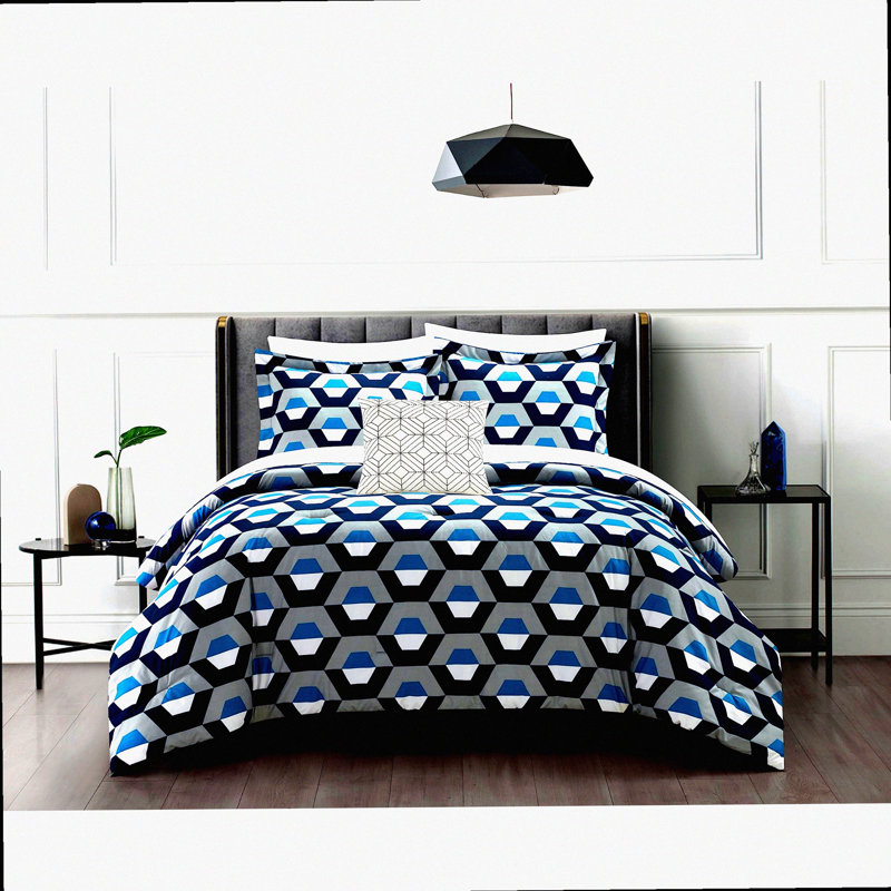 HexaComfort 4-Piece Geometric Queen Comforter Set - Modern Hexagon Pattern Print Design Bedding with Decorative Pillow Shams in Blue.