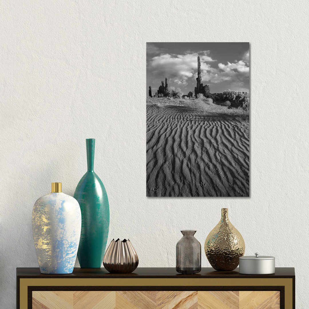 Otem Pole And Yei Bi Chei With Sand Dunes And Shrubs, Monument Valley, Arizona And Utah Border by Tim Fitzharris - Gallery-Wrapped Canvas Giclée