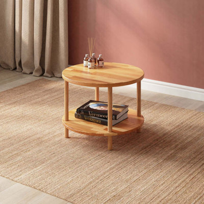 Petite table basse ronde en bois massif avec tablette Lynn - Solution de rangement compacte et élégante