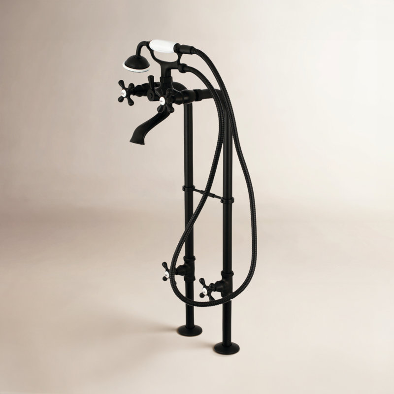 Kingston Brass Kingston Three-Handle 2-Hole Freestanding Tub Faucet with Supply Line and Stop Valve, Matte Black