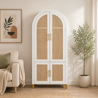 71" Tall Rattan Storage Cabinet with Arched Doors and Adjustable Shelves