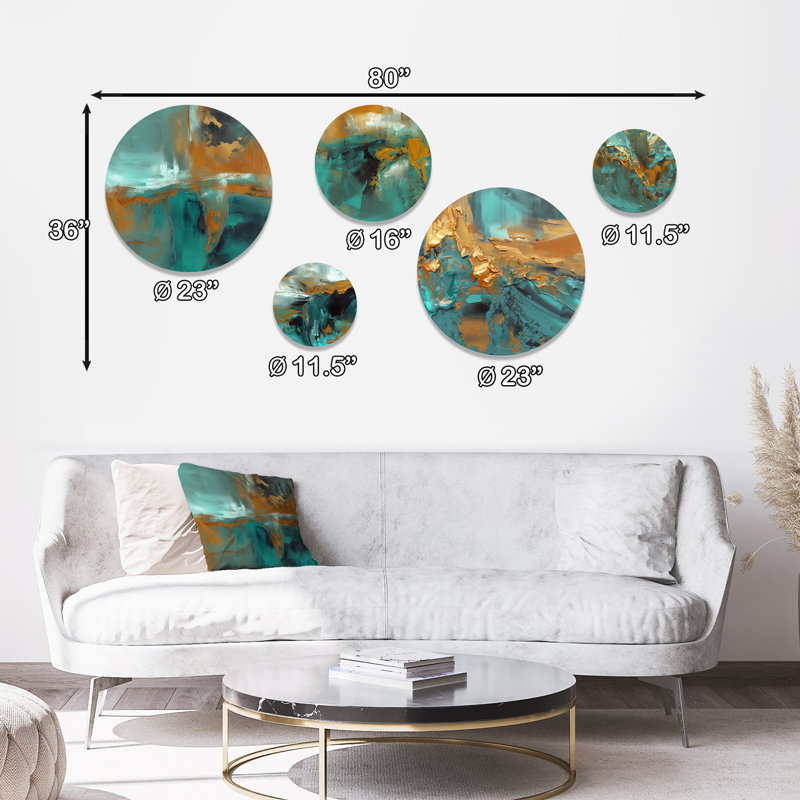 Teal and Gold Abstract Round Metal Wall Art Set